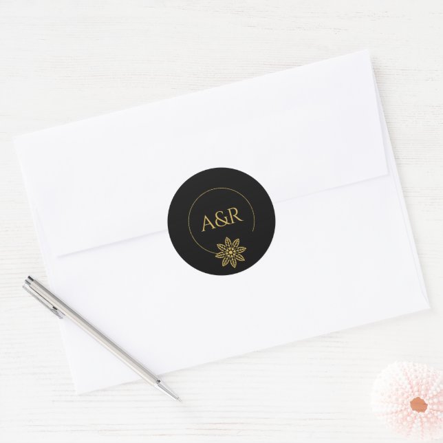 Elegant jewelry inspired frame & initials wedding classic round sticker (Envelope)