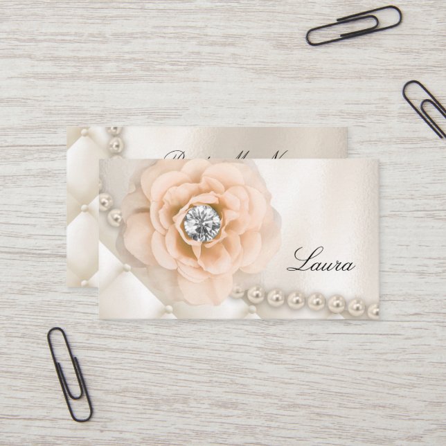 Elegant Jewelry Wedding Planner Rose Cream Pearls Business Card (Front/Back In Situ)