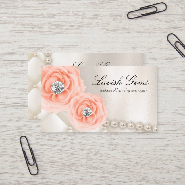 Elegant Jewelry Wedding Planner Rose Peach Pearls Business Card (Front/Back In Situ)