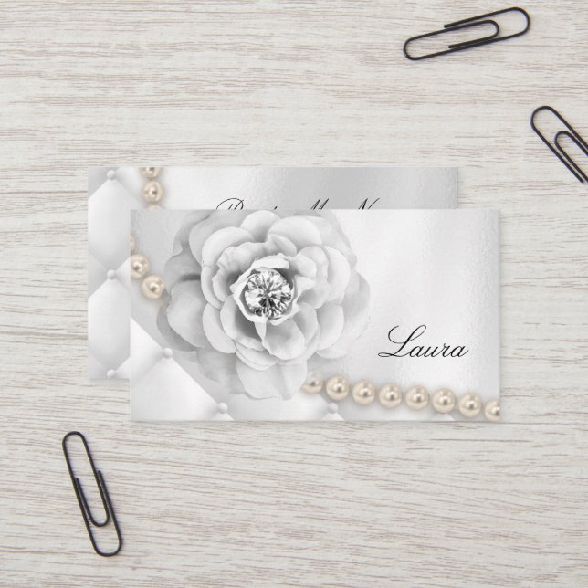 Elegant Jewelry Wedding Planner Rose White Pearls Business Card (Front/Back In Situ)