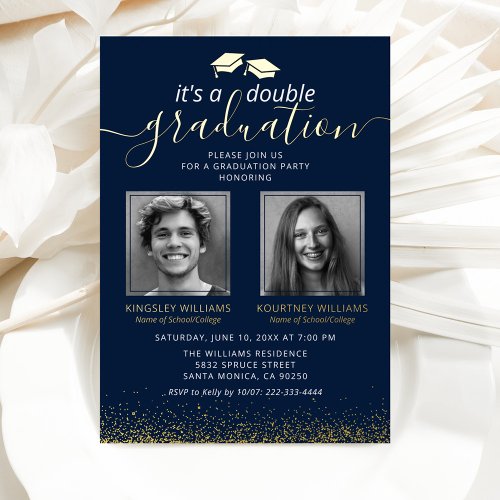 Elegant Joint Graduation Photo Navy Gold Foil Invitation