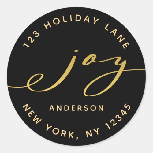 Elegant Joy Black  Gold Christmas Return Address Classic Round Sticker