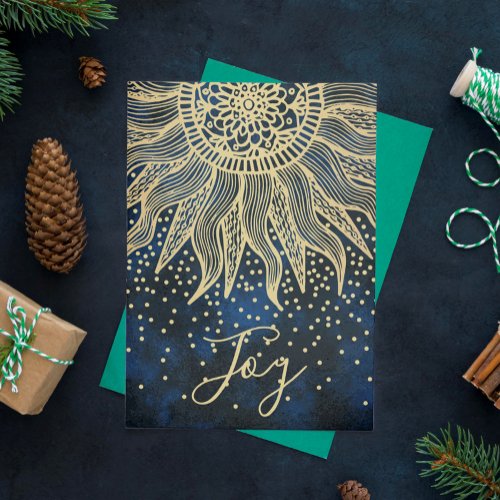 Elegant Joy Blue Gold Boho Sun Mandala Christmas Holiday Card