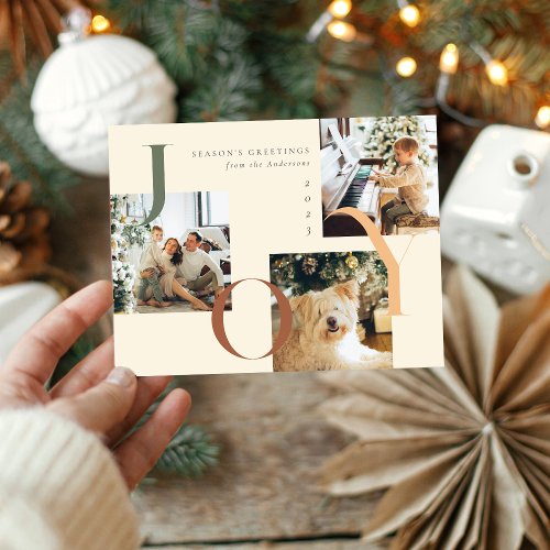 Elegant JOY Boho Merry Christmas Three Photo Holiday Postcard