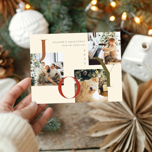 Elegant JOY Boho Seasons Greetings Three Photo Holiday Postcard