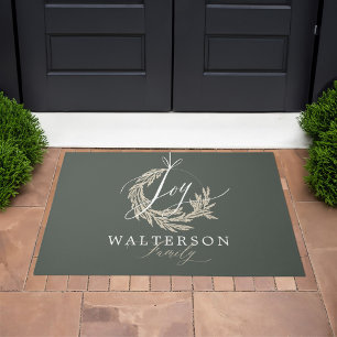 Elegant Joy Calligraphy Garland Wreath Family Name Doormat