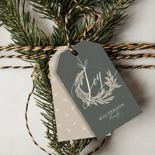 Elegant Joy Calligraphy Garland Wreath Family Name Gift Tags