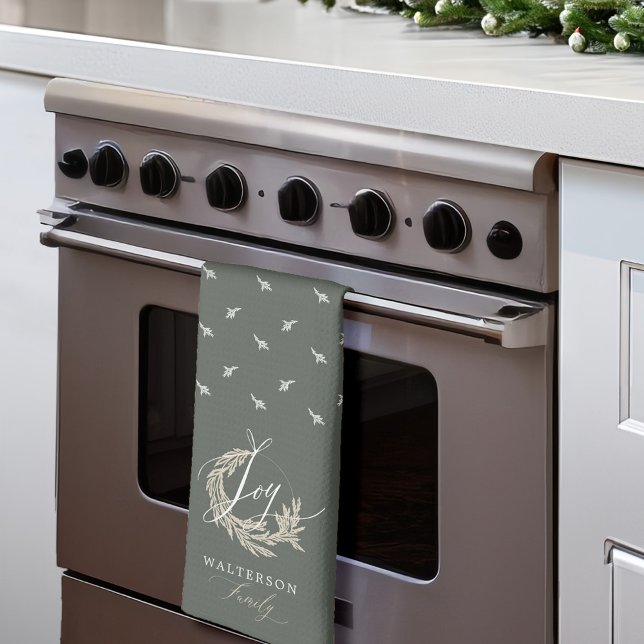 Elegant Joy Calligraphy Garland Wreath Family Name Kitchen Towel (Elegant Joy Calligraphy Garland Wreath Family Name Kitchen Towel (Thirds Fold))