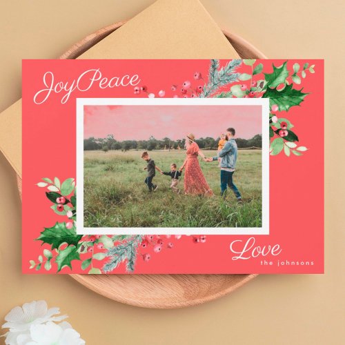 Elegant Joy  Cherry Border Greenery Foliage Photo Holiday Card