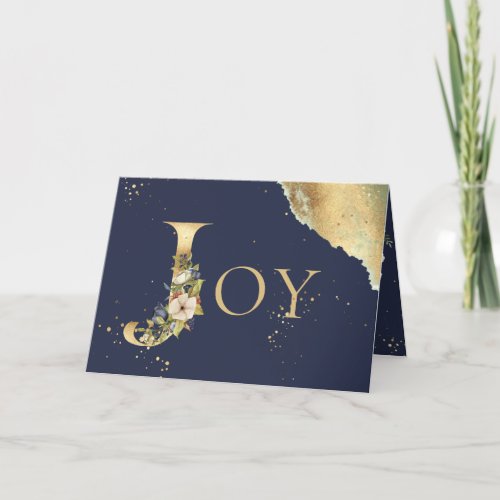 Elegant Joy Christmas Gold Floral Navy Holiday Card