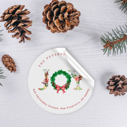Elegant joy Christmas wreath family address  Classic Round Sticker