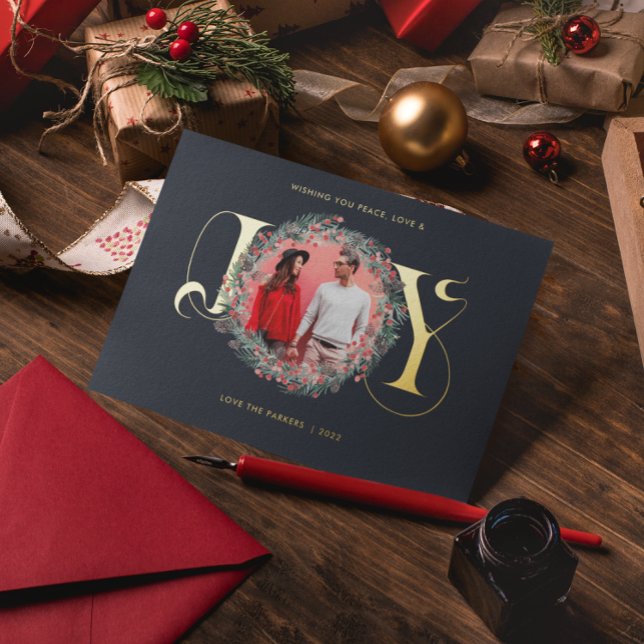 Elegant JOY Christmas Wreath Leaves Berries Photo  Foil Holiday Card (Creator Uploaded)