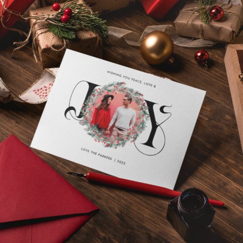 Elegant JOY Christmas Wreath Leaves Berries Photo  Holiday Card