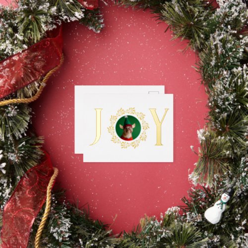 Elegant Joy Dog Photo Christmas Cherry Wreath Gold Foil Holiday Postcard