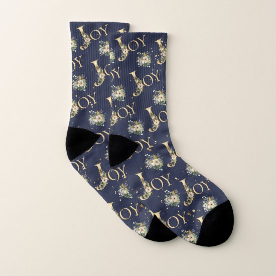 Elegant Joy Gold Blue Floral Christmas Socks