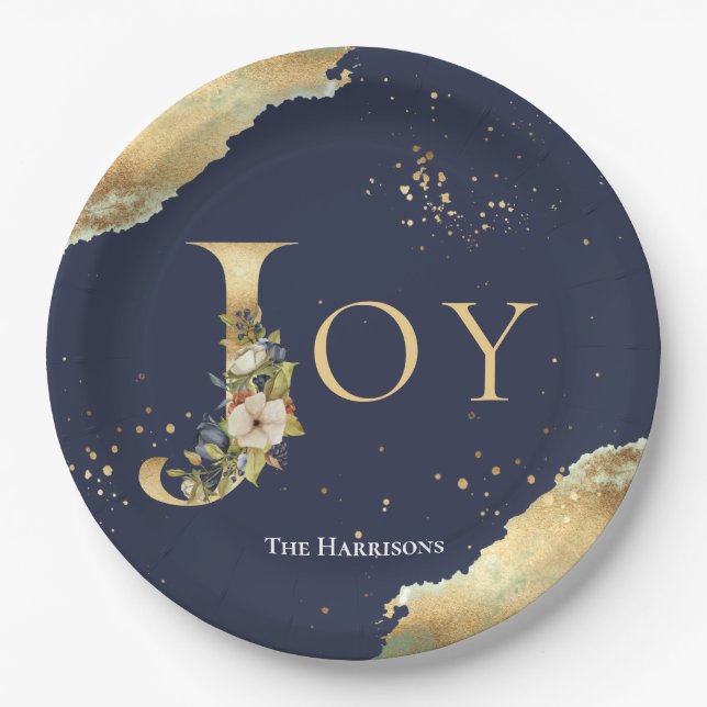 Elegant Joy Gold Foil Floral Blue Christmas Paper Plates (Front)