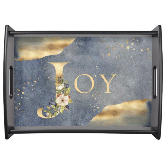 Elegant Joy Gold Foil Floral Blue Christmas Serving Tray