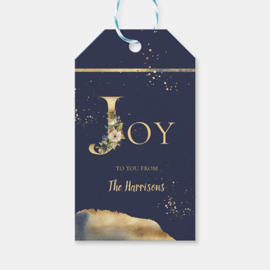 Elegant Joy Gold Foil Floral Merry Christmas Gift Tags