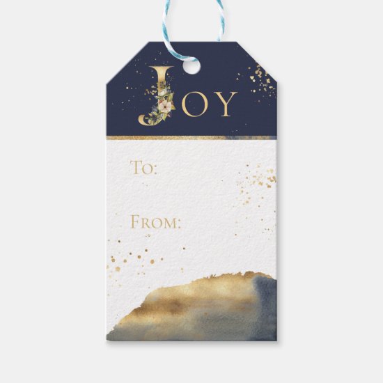 Elegant Joy Gold Foil Floral Merry Christmas Gift Tags