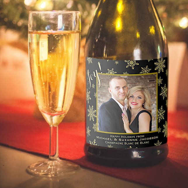 Elegant Joy Golden Snowflakes & Photo Holiday Sparkling Wine Label (In Situ with Glass)