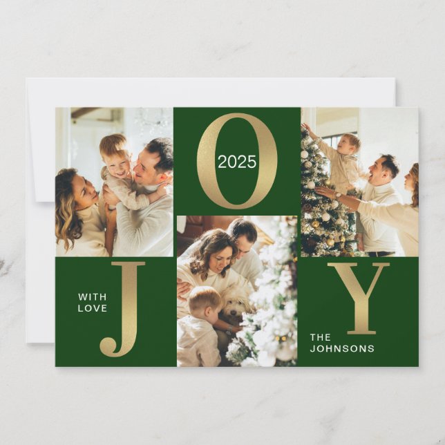 Elegant Joy Green Gold Photo Collage Christmas  Holiday Card (Front)