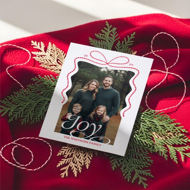 Elegant Joy Hand Drawn Bow Ribbon Modern Christmas Letterpress Photo Cards (Elegant Joy Hand Drawn Bow Ribbon Modern Christmas Letterpress Photo Cards)