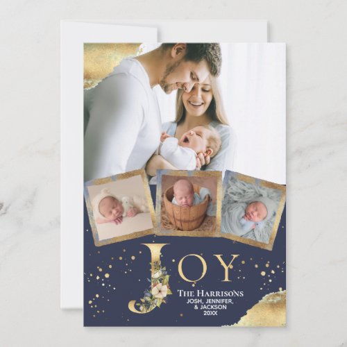 Elegant Joy Photo Collage Gold Christmas Blue Holiday Card