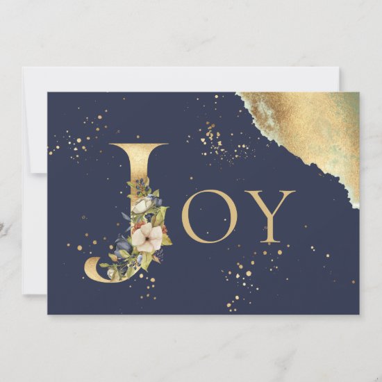 Elegant Joy Photo Gold Foil Floral Blue Christmas Holiday Card