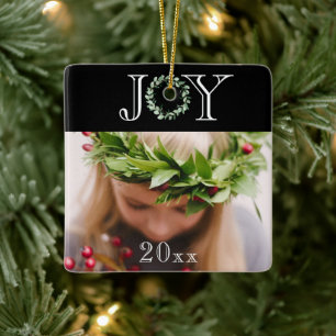 Elegant Joy Photo Personalized Holiday Christmas Ceramic Ornament