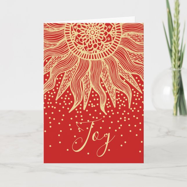 Elegant Joy Red Gold Boho Sun Mandala Christmas Holiday Card (Front)