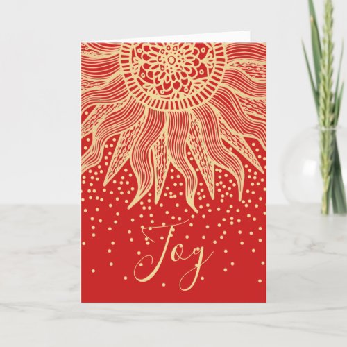 Elegant Joy Red Gold Boho Sun Mandala Christmas Holiday Card