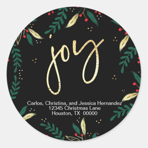 Elegant Joy Red Gold Greenery on Black Christmas Classic Round Sticker