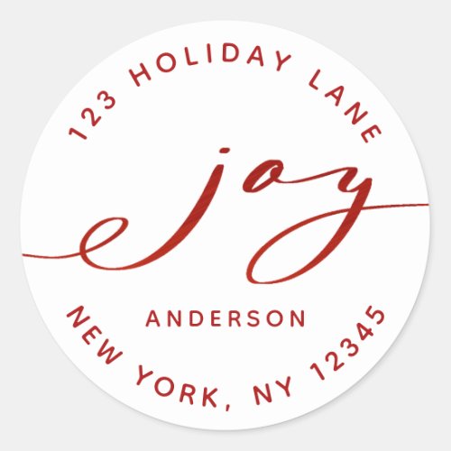 Elegant Joy Red  White Holiday Return Address Classic Round Sticker