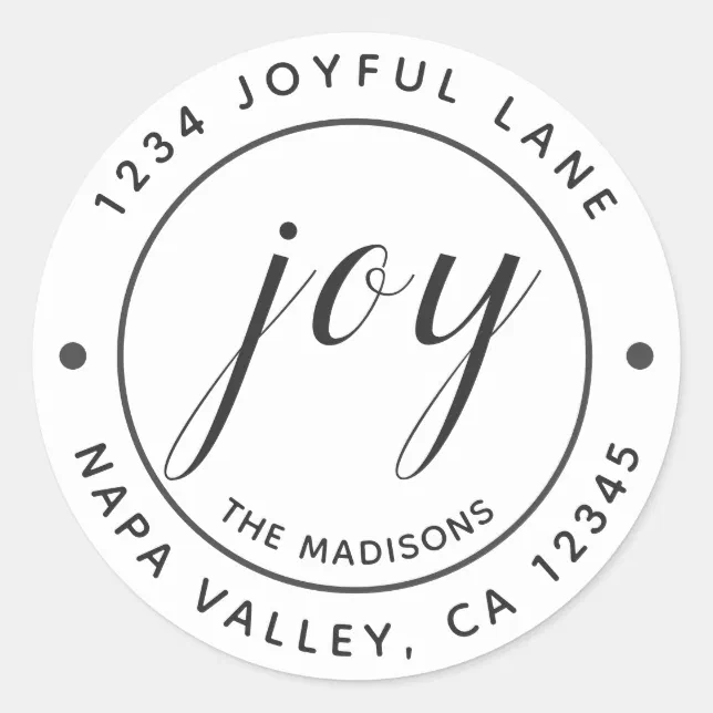 Elegant Joy Round Return Address Classic Round Sticker | Zazzle