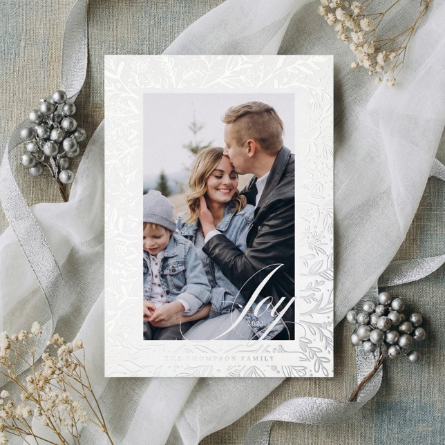 Elegant Joy Script Floral Family Photo Christmas Foil Holiday Card (Elegant Joy Script Floral Family Photo Christmas Foil Holiday Card)