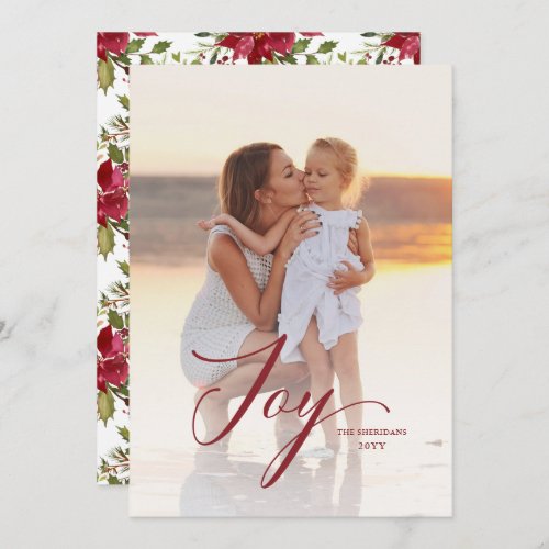 Elegant Joy Script Poinsettia Christmas Full Photo Holiday Card