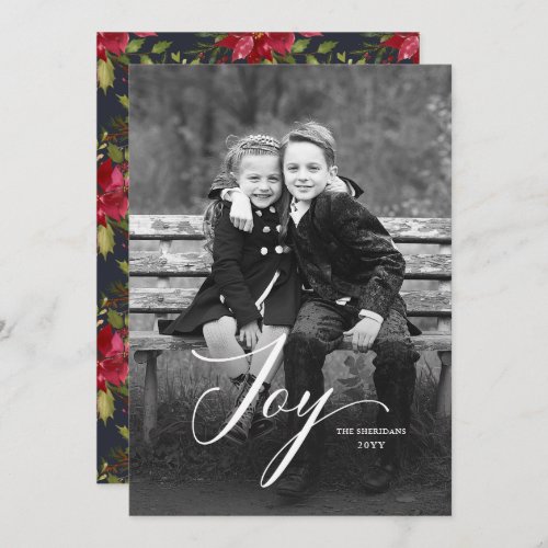 Elegant Joy Script Poinsettia Christmas Full Photo Holiday Card