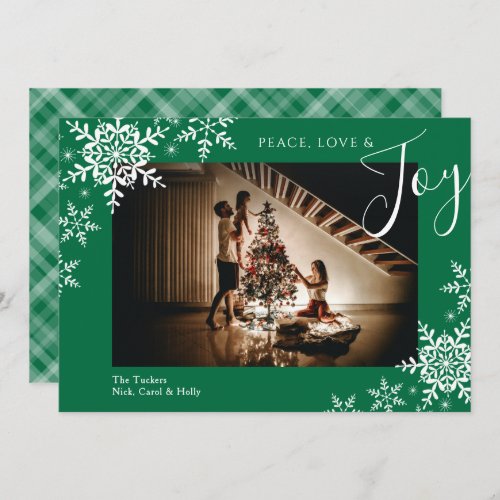 Elegant Joy Snowflakes Plaid Happy Holidays Photo  Holiday Card