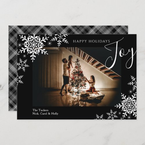 Elegant Joy Snowflakes Plaid Happy Holidays Photo Holiday Card