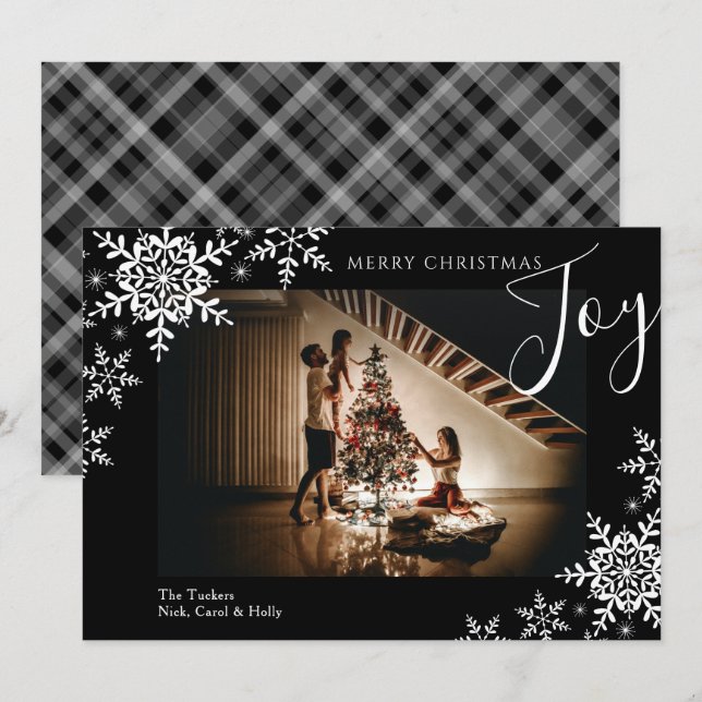 Elegant Joy Snowflakes Plaid Merry Christmas Photo Holiday Card (Front/Back)
