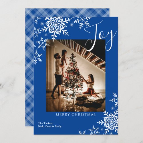 Elegant Joy Snowflakes Plaid Merry Christmas Photo Holiday Card
