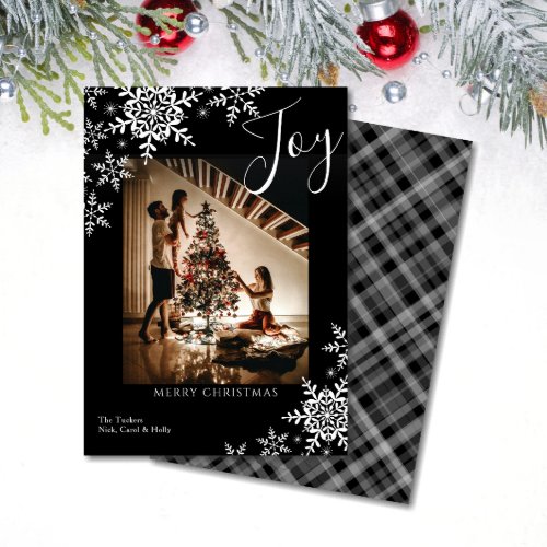 Elegant Joy Snowflakes Plaid Merry Christmas Photo Holiday Card