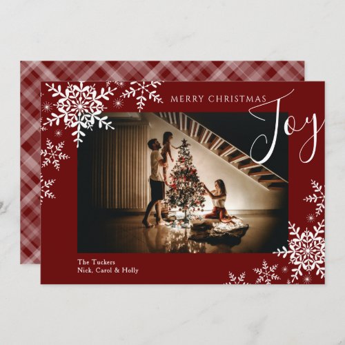 Elegant Joy Snowflakes Plaid Merry Christmas Photo Holiday Card