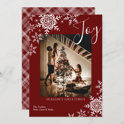 Elegant Joy Snowflakes Plaid Seasons Greetings Ho Holiday Card