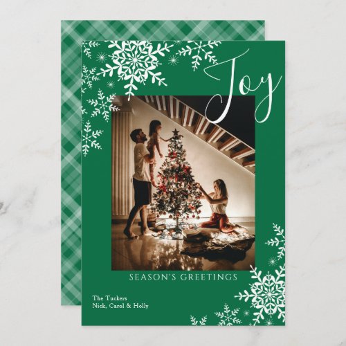 Elegant Joy Snowflakes Plaid Seasons Greetings Holiday Card