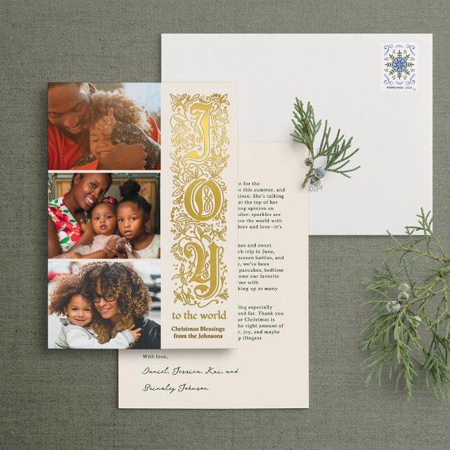 Elegant “Joy to the World” Multi-Photo Christmas Foil Invitation (Creator Uploaded)