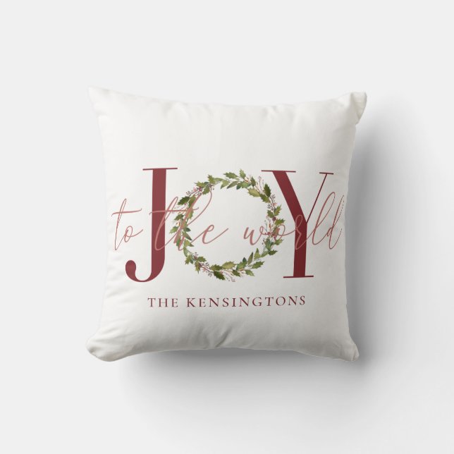 Elegant Joy to the World Wreath Christmas Photo Throw Pillow (Front)