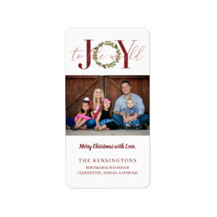 Elegant Joy to the World Wreath Holiday Photo Label