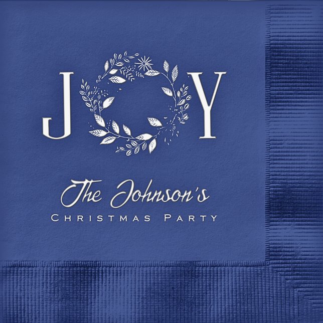 Elegant Joy Wreath Personalized Christmas Party Foil Napkins (Elegant Wreath Blue and Silver Foil Personalized Family Name Christmas Party Napkins)