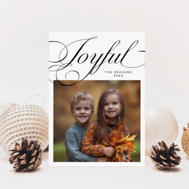 Elegant Joyful Calligraphy Photo White  Holiday Card (Creator Uploaded)